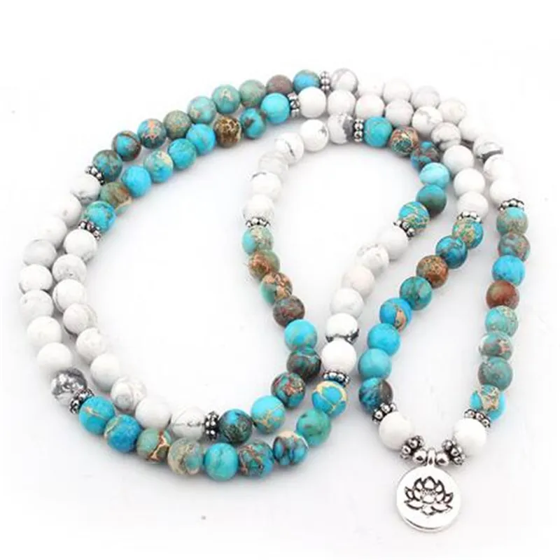 Fashion women bracelet 108 mala yoga bracelet Howlite Natural Stone with Lotus charm Bracelet