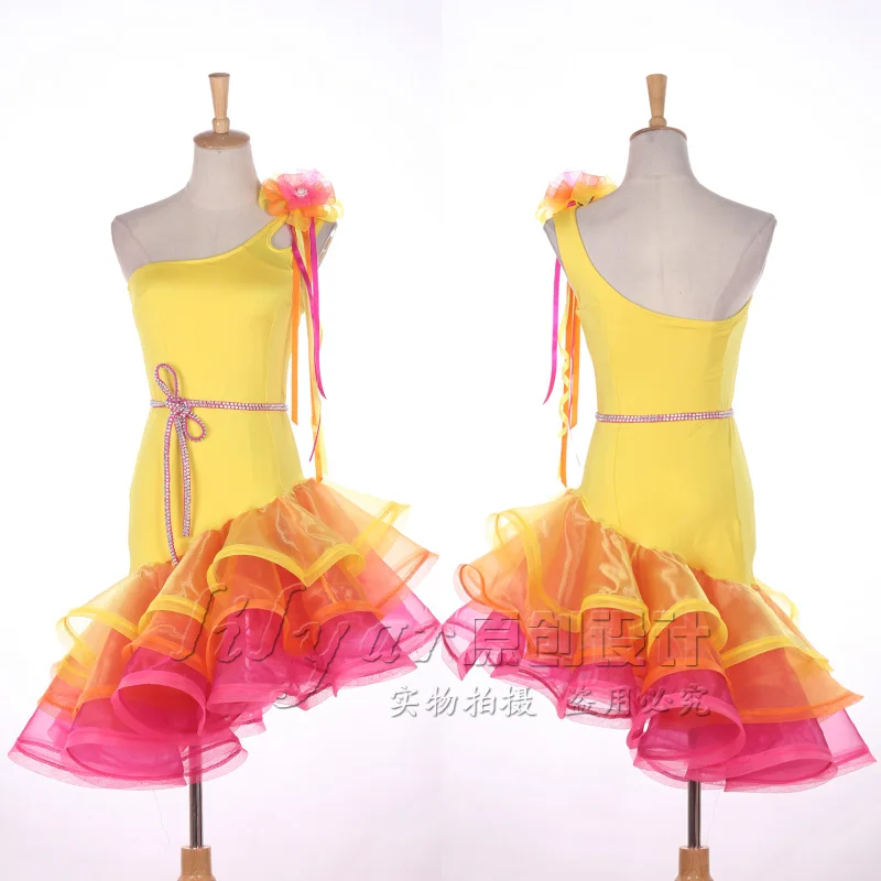 

latin Dress performance dress yellow shoulder fish bone curling asymptotic color