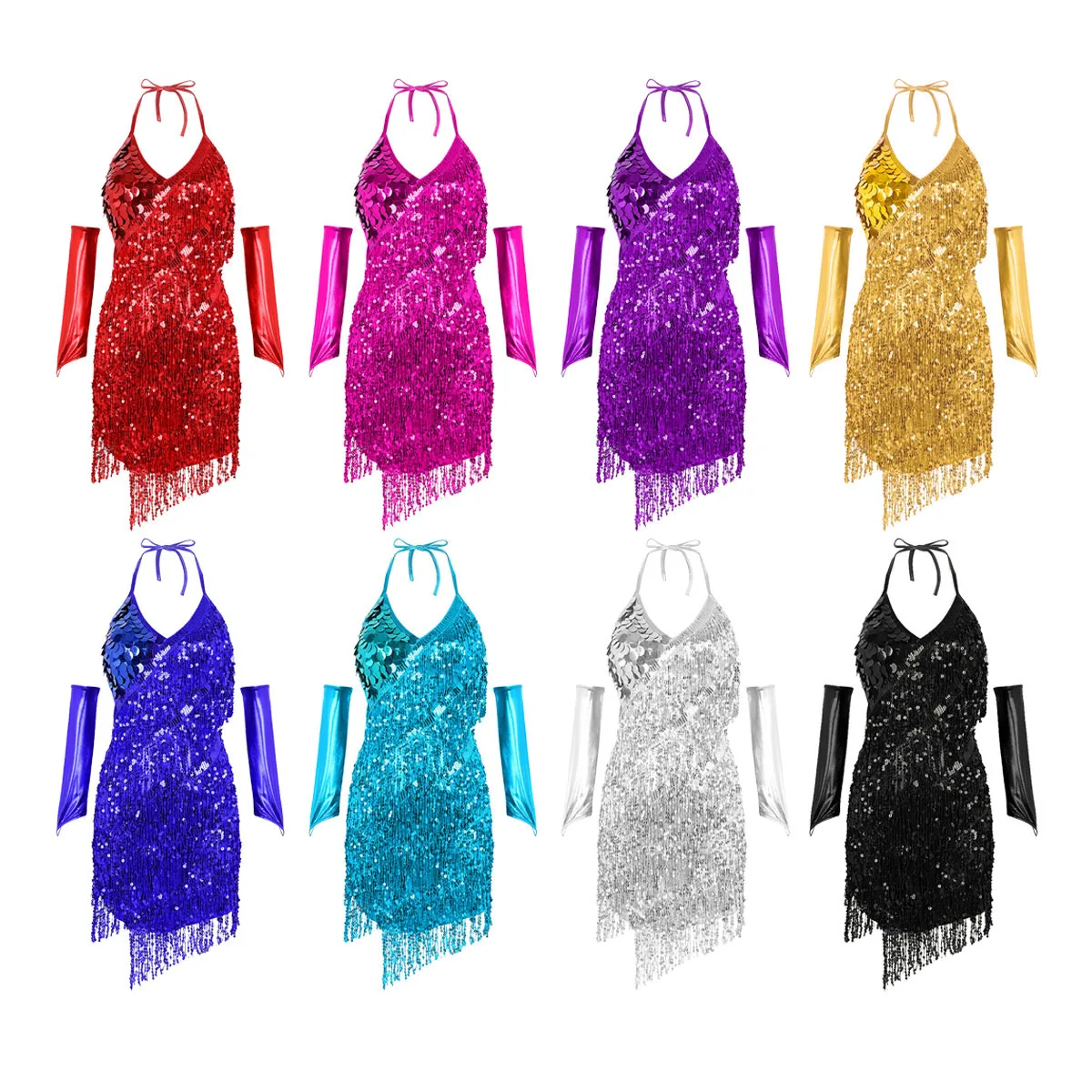 

Womens Latin Dance Dress Sparkling Sequined Tassel Latin Dress Halter Neck Self-Tie Asymmetric Dress with a Pair of Hand Sleeves