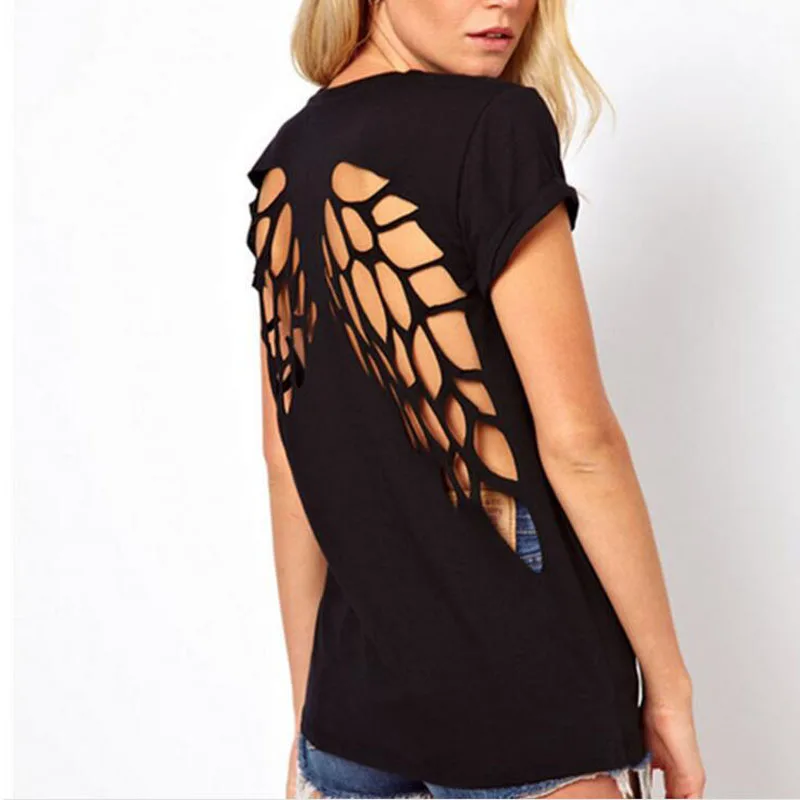 Женская футболка с крыльями ангела camiseta Feminina, туника с вырезами сзади, укороченный топ с лазерным вырезом и круглым вырезом, короткая футболка
Женская футболка с крыльями ангела camiseta Feminina, туника с вырезами сзади, укороченный топ с лазерным вырезом и круглым вырезом, короткая футболка