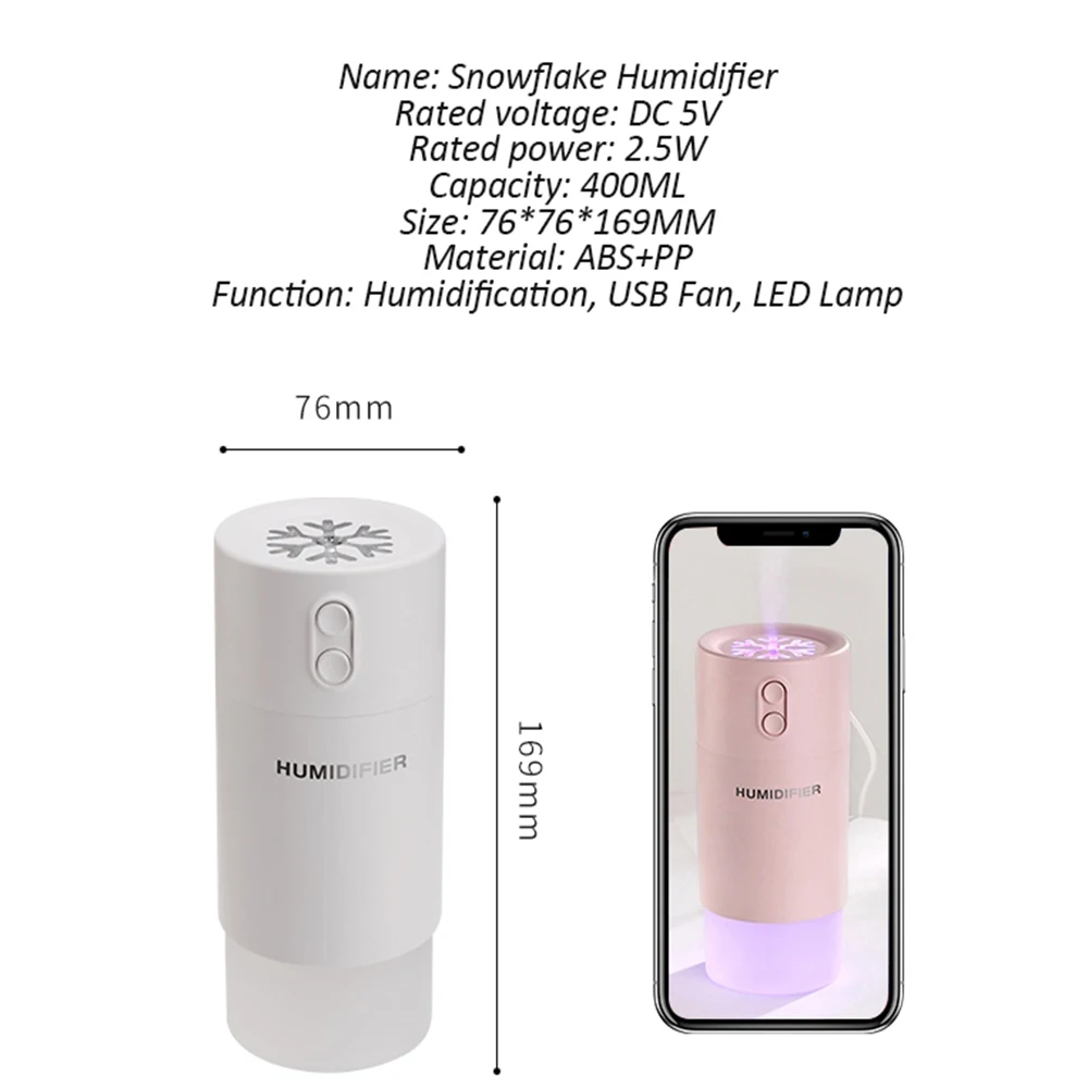 3 in 1 Ultrasonic Air Humidifier 400ML Snowflake Colorful USB Mini Mist Maker Essential Aroma Oil Diffuser For Car Home Office
3 in 1 Ultrasonic Air Humidifier 400ML Snowflake Colorful USB Mini Mist Maker Essential Aroma Oil Diffuser For Car Home Office
