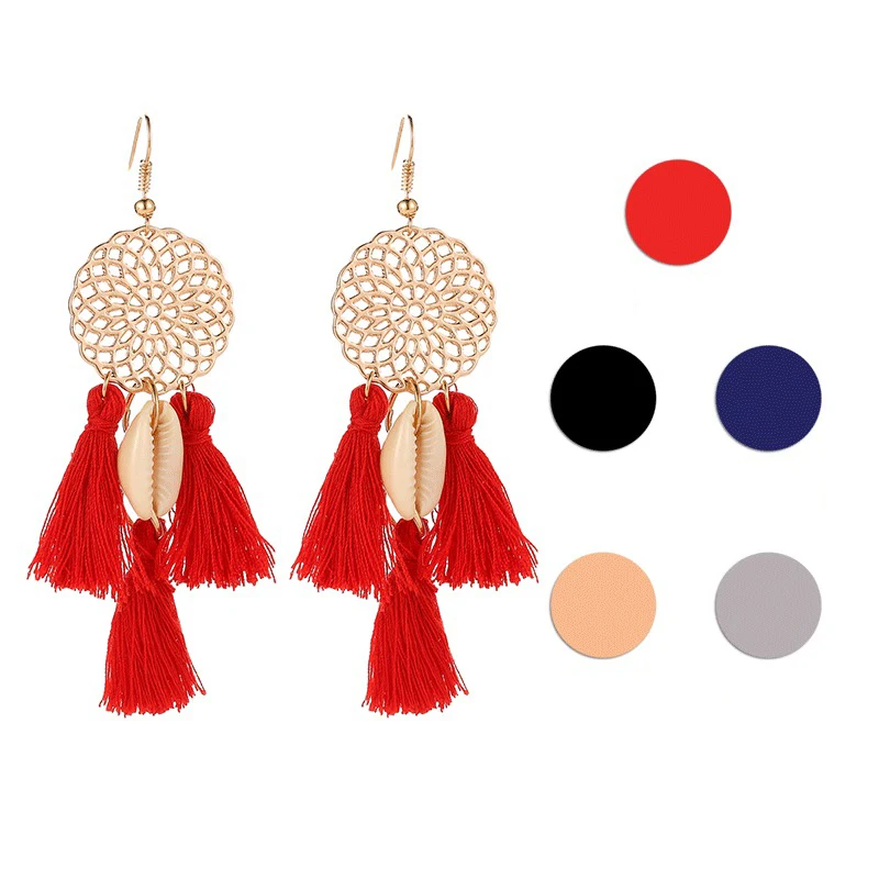 Round Golden Metallic Net Blue Red Black Grey Triple Threads Tassel Shell Dangle Earrings Women Drop Earrings
Round Golden Metallic Net Blue Red Black Grey Triple Threads Tassel Shell Dangle Earrings Women Drop Earrings