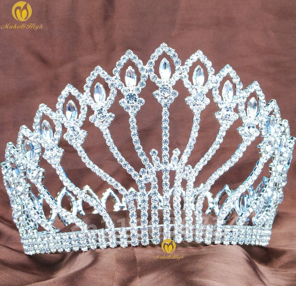 

Handmade Large 5" Full Round Crown Clear Rhinestones Queen Diadem Tiaras And Crowns Wedding Pageant Prom Hair Accessories 01710
