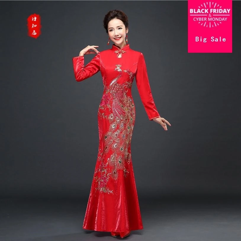 Sequin Peacock pattern cheongsam 2020 new autumn and winter red cheongsam bride banquet married toast long fishtail dress w1034
Sequin Peacock pattern cheongsam 2020 new autumn and winter red cheongsam bride banquet married toast long fishtail dress w1034