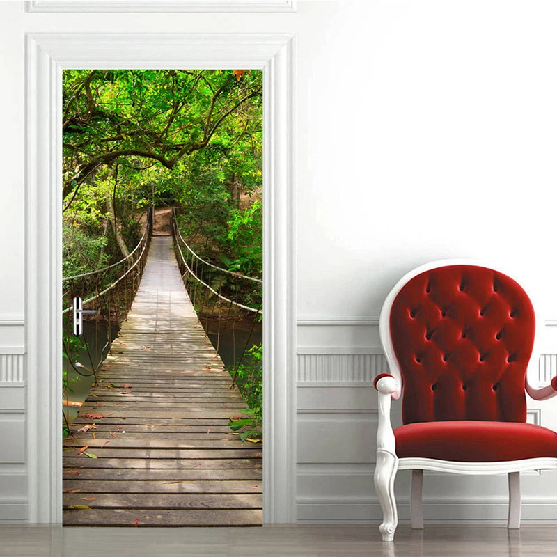 

3D Door Sticker Mural Wall Paper For Bedroom Wood Suspension Bridge Large Murals Door Stickers Home Decor Poster Photo Wallpaper