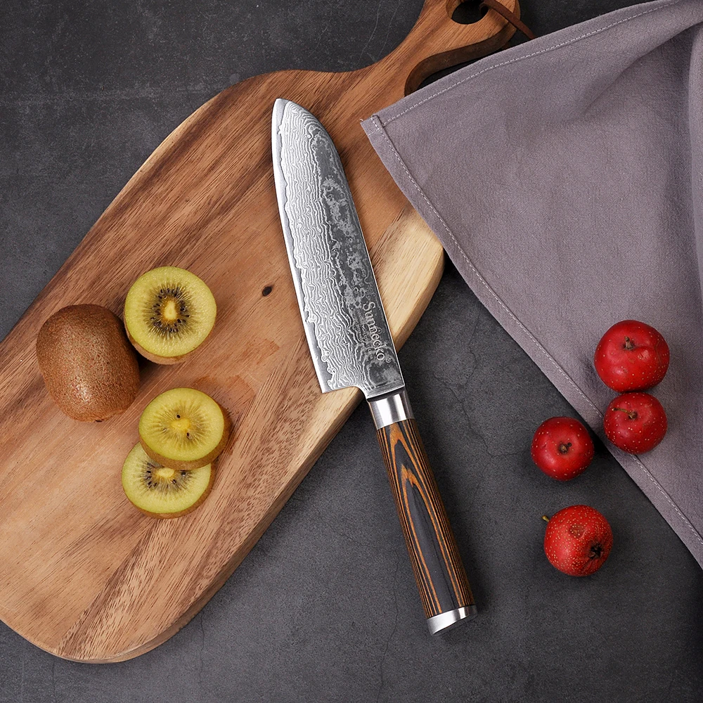 

SUNNECKO японский нож Santoku из дамасской стали, 7 дюймов, VG10, стальное ядро, твердое лезвие, кухонные ножи, цветная деревянная ручка, слайсер для ше...