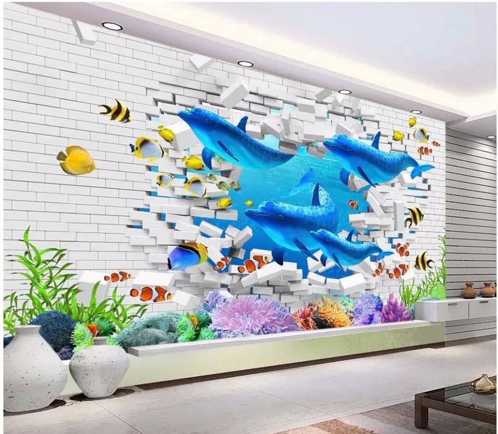 

3d wallpaper custom photo Brick Wall Ocean Dolphin Coral Fish decoration painting picture 3d wall murals wallpaper for walls 3 d