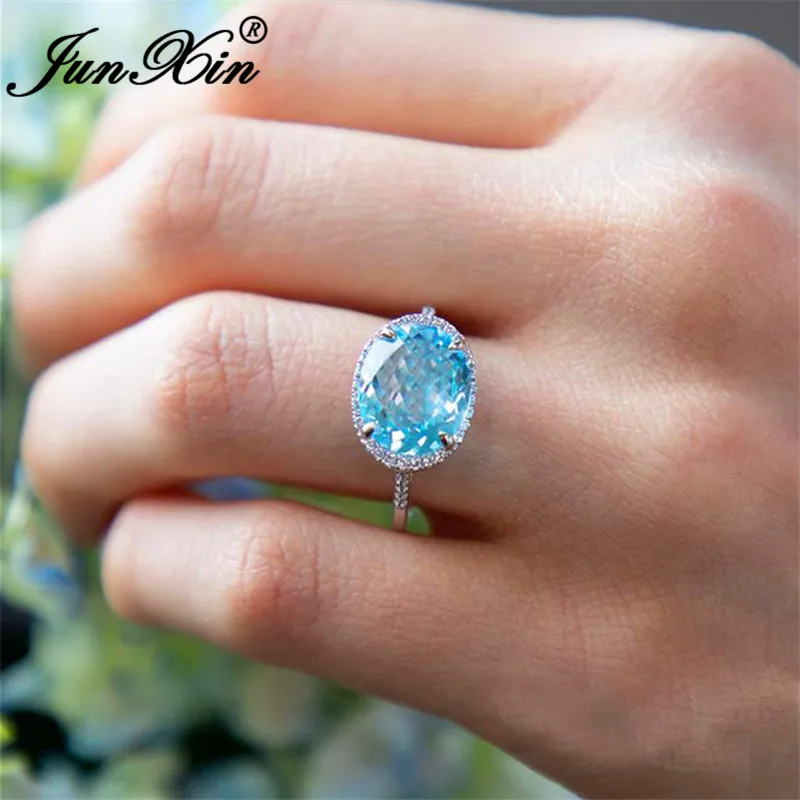 JUNXIN обручальное кольцо с овальной огранкой и голубым кристаллом минималистичные
