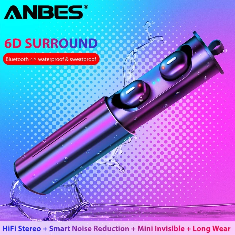 ANBES портативный Bluetooth V5.0 наушники 6D True HiFi глубокий бас звук двойная гарнитура с