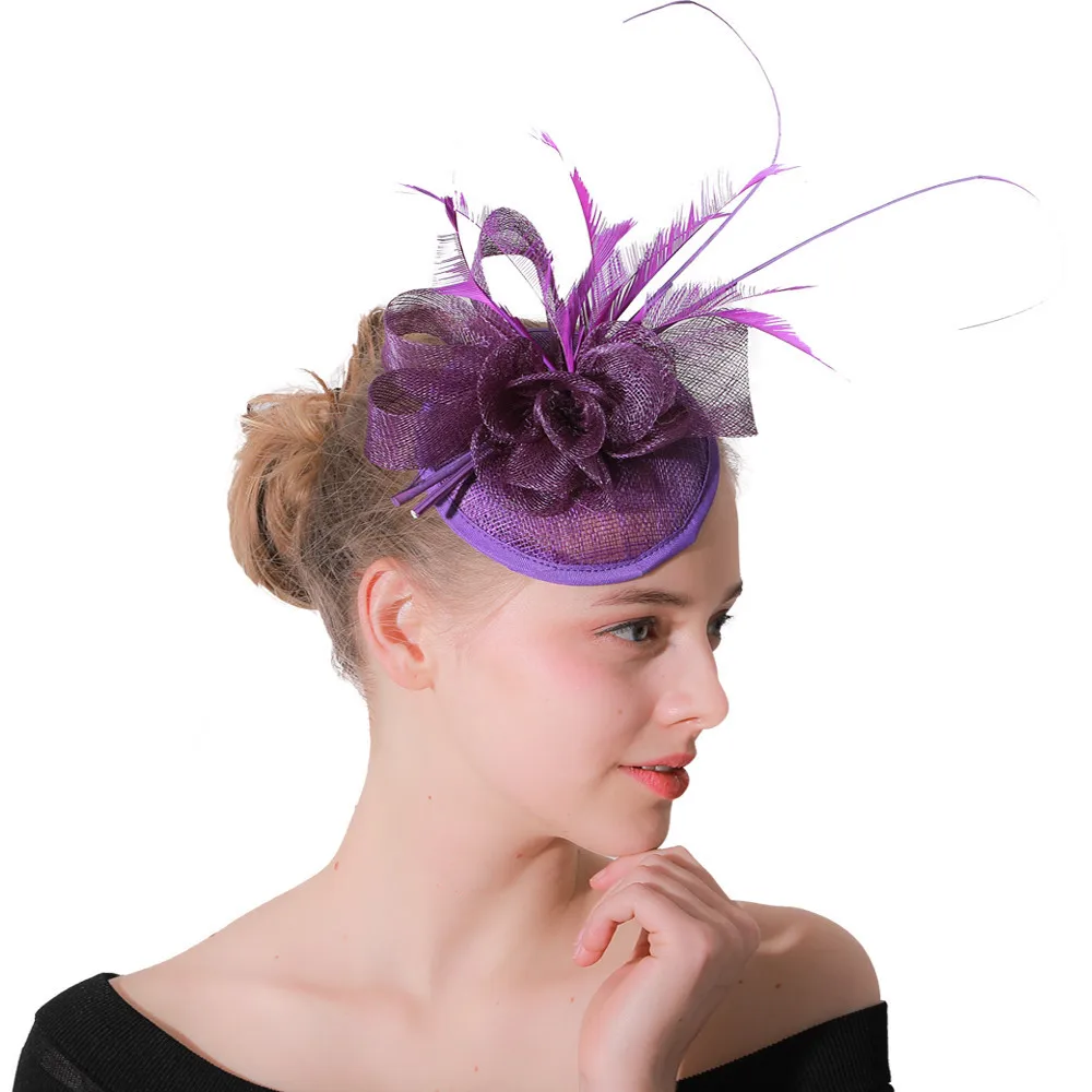 

Purple Sinamay Fascinators With Feather Cocktail Hats Wedding Hair Accessories Kentucky NEW ARRIVAL High Quality Multiple Colors