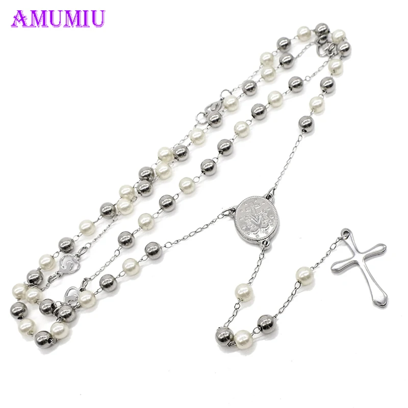 AMUMIU Woman rosary beads necklace Stainless steel Silver Color Religion of Jesus women cross pendant pearl necklace N015B
AMUMIU Woman rosary beads necklace Stainless steel Silver Color Religion of Jesus women cross pendant pearl necklace N015B