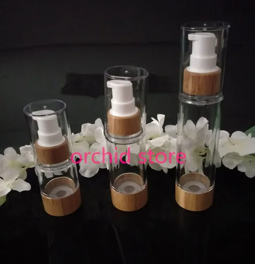 

10pcs/lot 15ml 30ml 50ml Emulsion Lotion Bamboo Vacuum Airless Pump Bottles Bamboo Empty Plastic Cosmetic Sample Containers