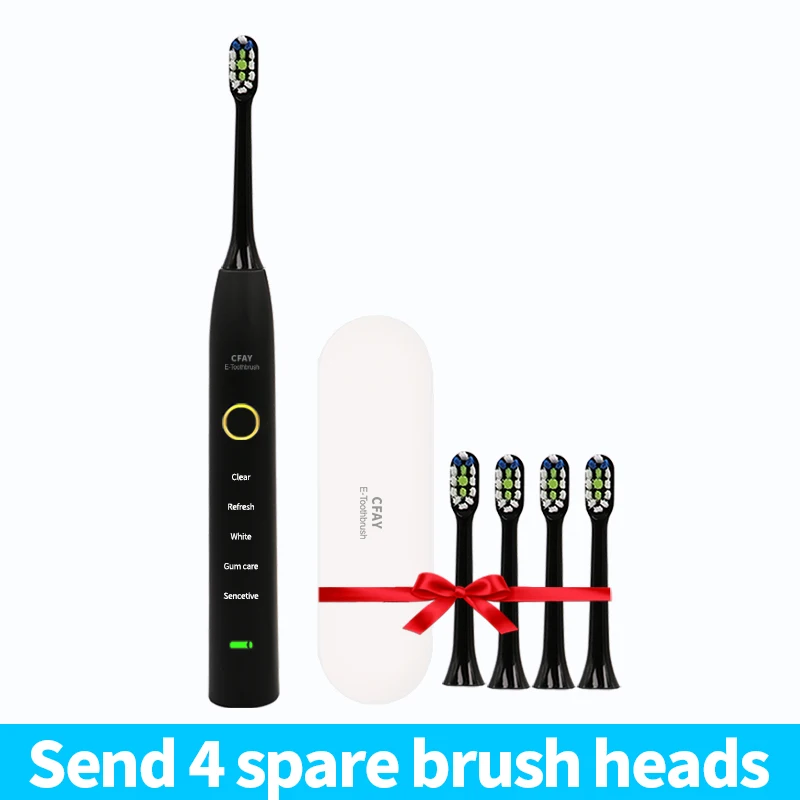 CFAY Electric Toothbrush Rechargeable USB IPX7 Waterproof Sonic Tooth Brush Timer 4pcs Replacement Heads for Adult Young 5 Modes
CFAY Electric Toothbrush Rechargeable USB IPX7 Waterproof Sonic Tooth Brush Timer 4pcs Replacement Heads for Adult Young 5 Modes