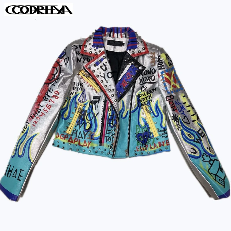 European fashion rivets Graffiti Print Eagle embroidery Jackets Spring Women Leather Jacket rivet Street Short Zipper Cool Coat
European fashion rivets Graffiti Print Eagle embroidery Jackets Spring Women Leather Jacket rivet Street Short Zipper Cool Coat