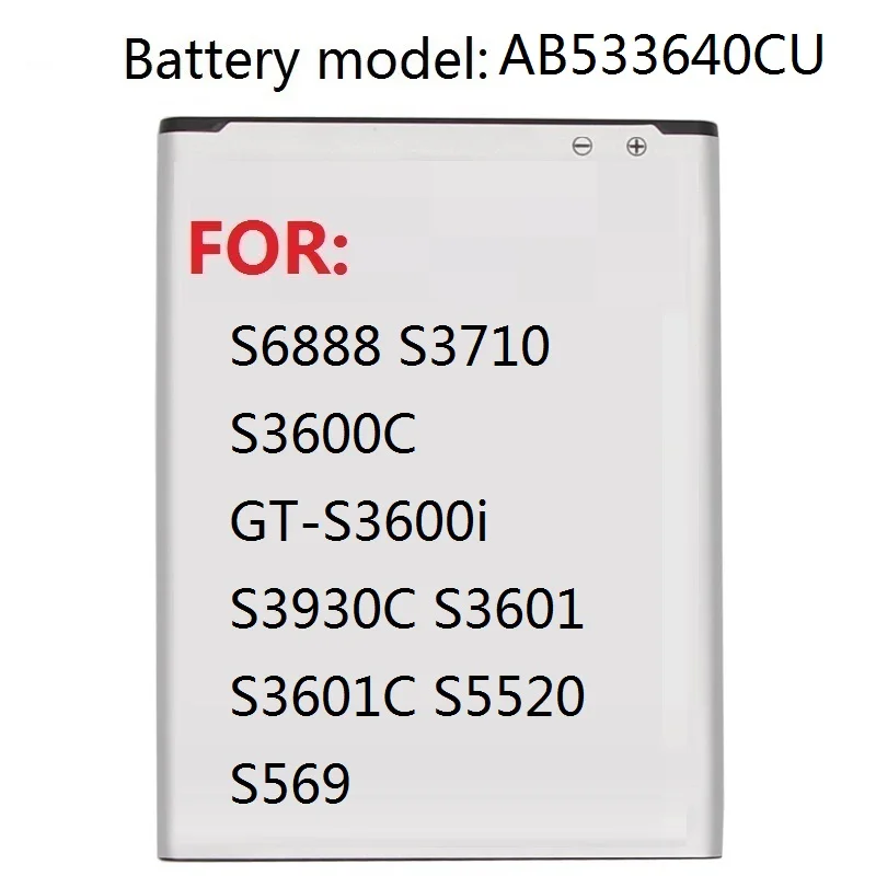 Аккумулятор AB533640CC AB533640CU для Samsung S6888 S3710 S3600C GT-S3600i S3930C S3601 S3601C S5520 S569 880 мА · ч
Аккумулятор AB533640CC AB533640CU для Samsung S6888 S3710 S3600C GT-S3600i S3930C S3601 S3601C S5520 S569 880 мА · ч