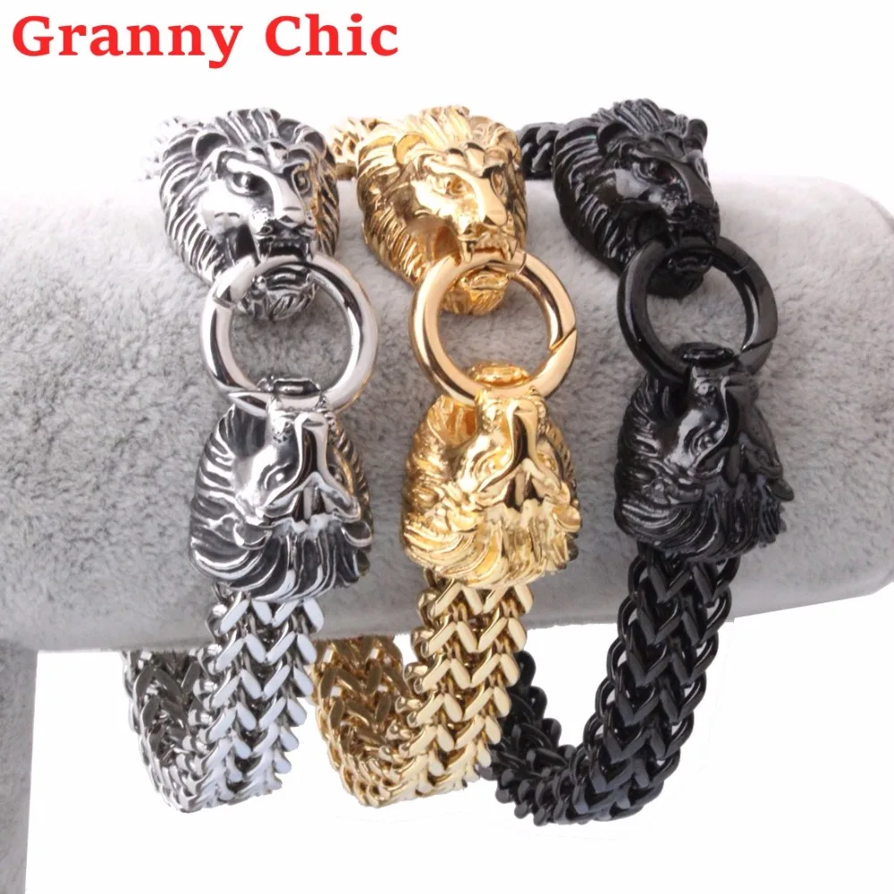 

Granny Chic Silver Gold Black color 316L Stainless Steel 12mm Lion Heads Link Chain Bracelet For Men Punk Rock Figaro Chain
