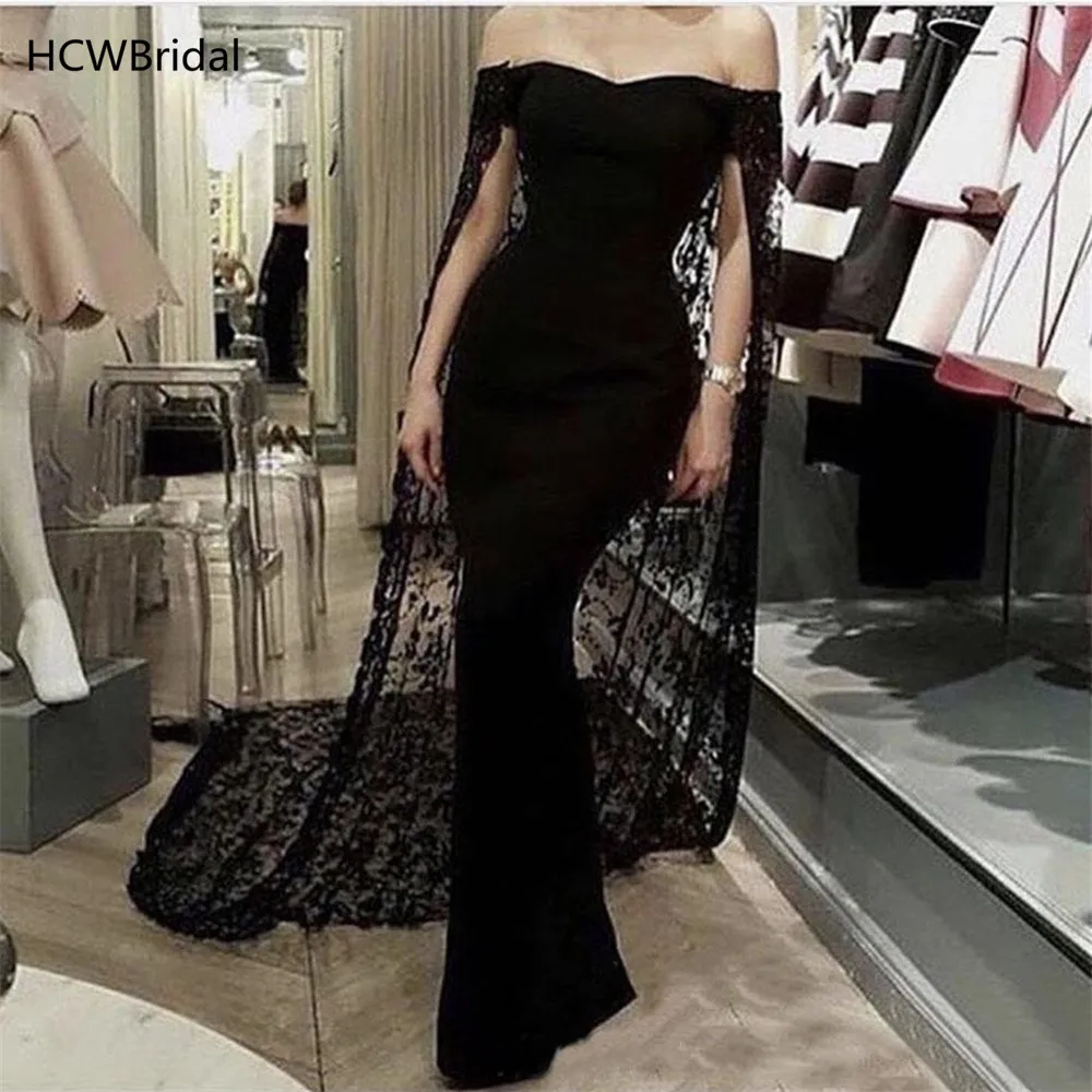 Newest Mermaid Black Evening Dress With Lace Cloak Off The Shoulder Floor Length Simple Long Prom Gown Custom Made Women Dress
Newest Mermaid Black Evening Dress With Lace Cloak Off The Shoulder Floor Length Simple Long Prom Gown Custom Made Women Dress