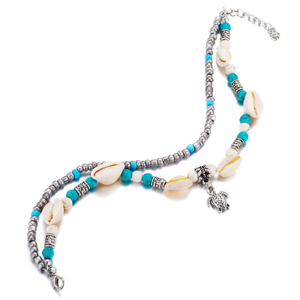 2019Bohemia Natural Shell Beaded Anklets Set Chic Tortoise Pendant Double Layer Anklet Bracelet Barefoot Foot Jewelry For Women | Украшения