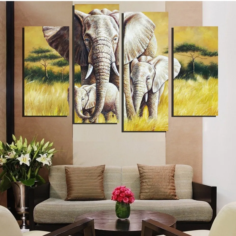 

Cuadros Decoracion 4 Panels Canvas Painting Elephant Living Room Modern Home Wall Art Decoration Print Unframed Pictures