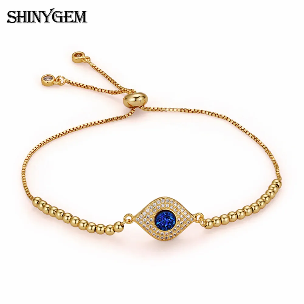 

ShinyGem Blue Turkish Evil Eye Charm Bracelets Gold Plating CZ Crystal Rhinestone Bracelets Adjustable Druzy Bracelets For Women