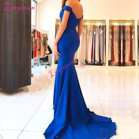 Royal Blue Satin Mermaid Long Prom Dresses Elegant Off The Shoulder Bow Sash Simple Sweep Train Formal Party Evening Gowns
Royal Blue Satin Mermaid Long Prom Dresses Elegant Off The Shoulder Bow Sash Simple Sweep Train Formal Party Evening Gowns