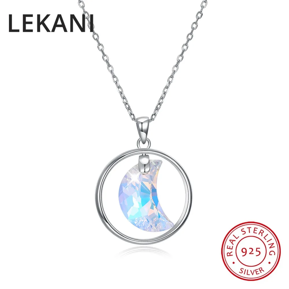 

LEKANI Crystals From SWAROVSKI Moon Circle Pendant Necklaces Real S925 Silver Chain Collares Fine Jewelry For Women Gift 2018