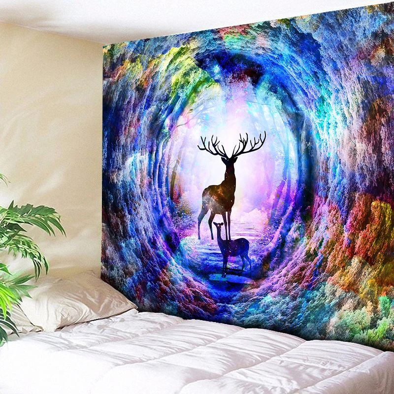 

Plus Size Large Wall Tapestry Multicolor Rainbow Elk Tree Hole Hippie Psychedelic Tapestry Wall Hanging Couch Blanket Home Decor