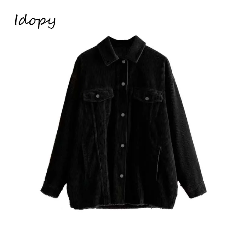 Женская Вельветовая куртка Idopy черная Свободная на пуговицах с карманами и