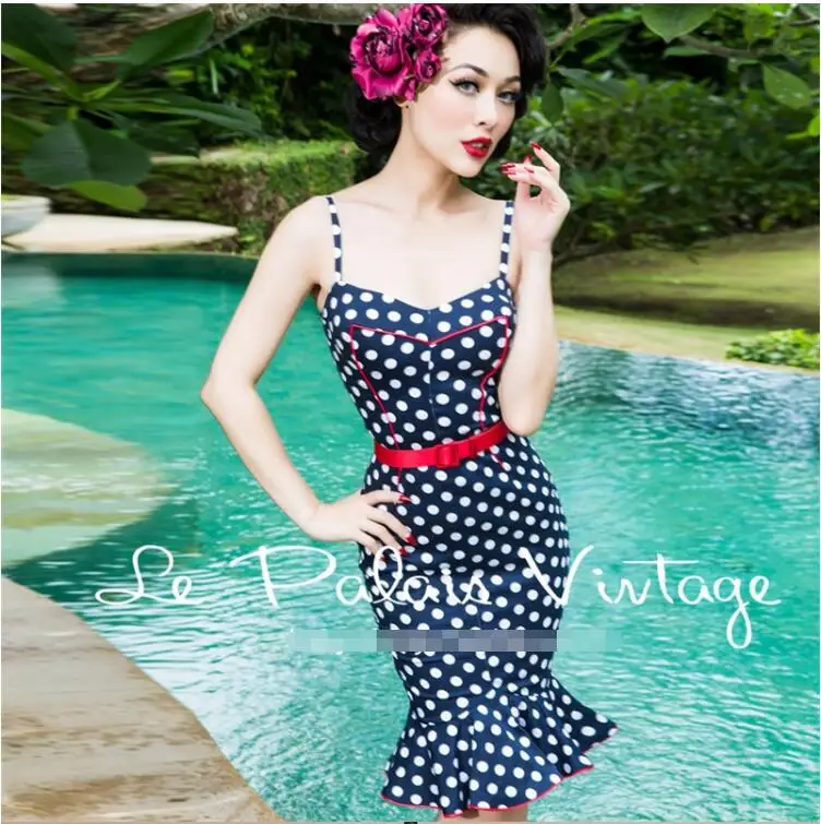 New Summer Vintage Petal Trumpet / Mermaid Dress Dark Blue Polka Dot High Waist Spaghetti Strap Skinny Ruffle Dress
New Summer Vintage Petal Trumpet / Mermaid Dress Dark Blue Polka Dot High Waist Spaghetti Strap Skinny Ruffle Dress