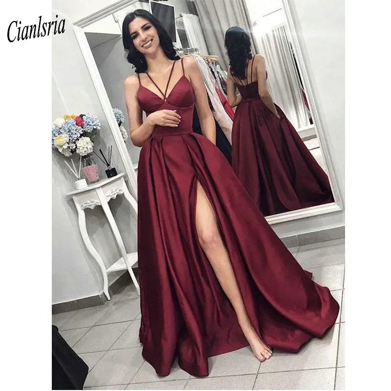 Elegant Burgundy Spaghetti Straps Evening Dress With High Split 2020 Simple Satin Formal Evening Party Dresses vestido de festa
Elegant Burgundy Spaghetti Straps Evening Dress With High Split 2020 Simple Satin Formal Evening Party Dresses vestido de festa