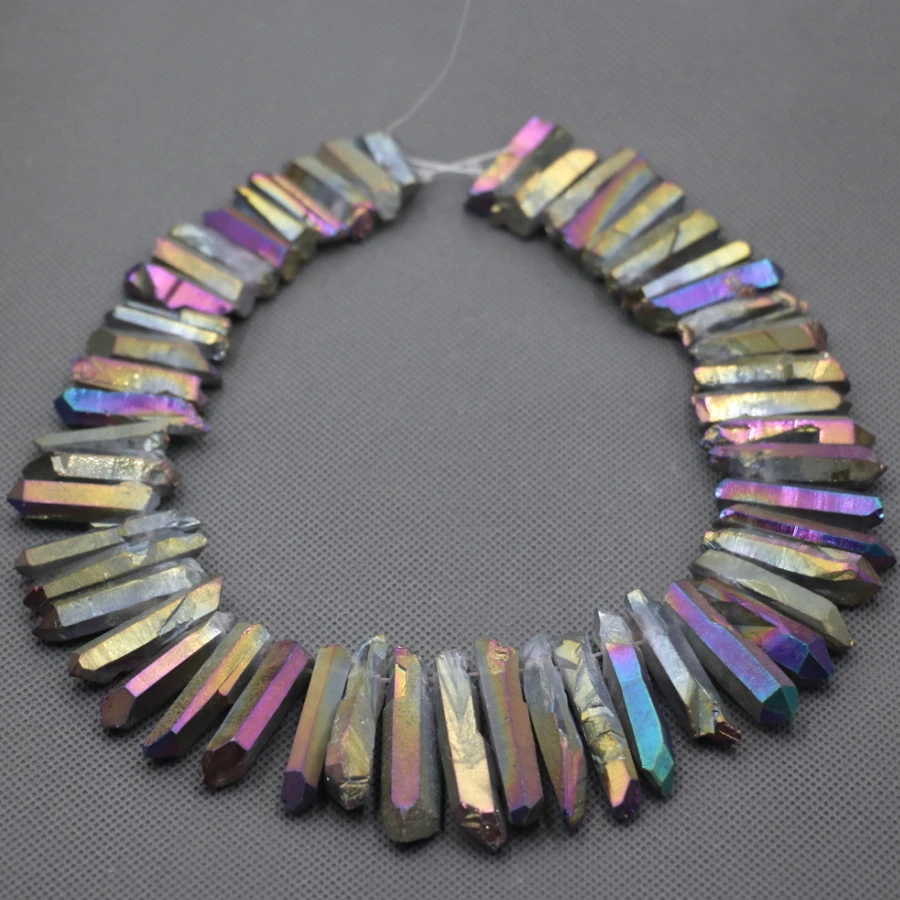 

Approx 54pcs/strand Natural Raw Rainbow Quartz AB Crystal Point Pendant, Rough Top Drilled Spike Gem Beads Women Necklace