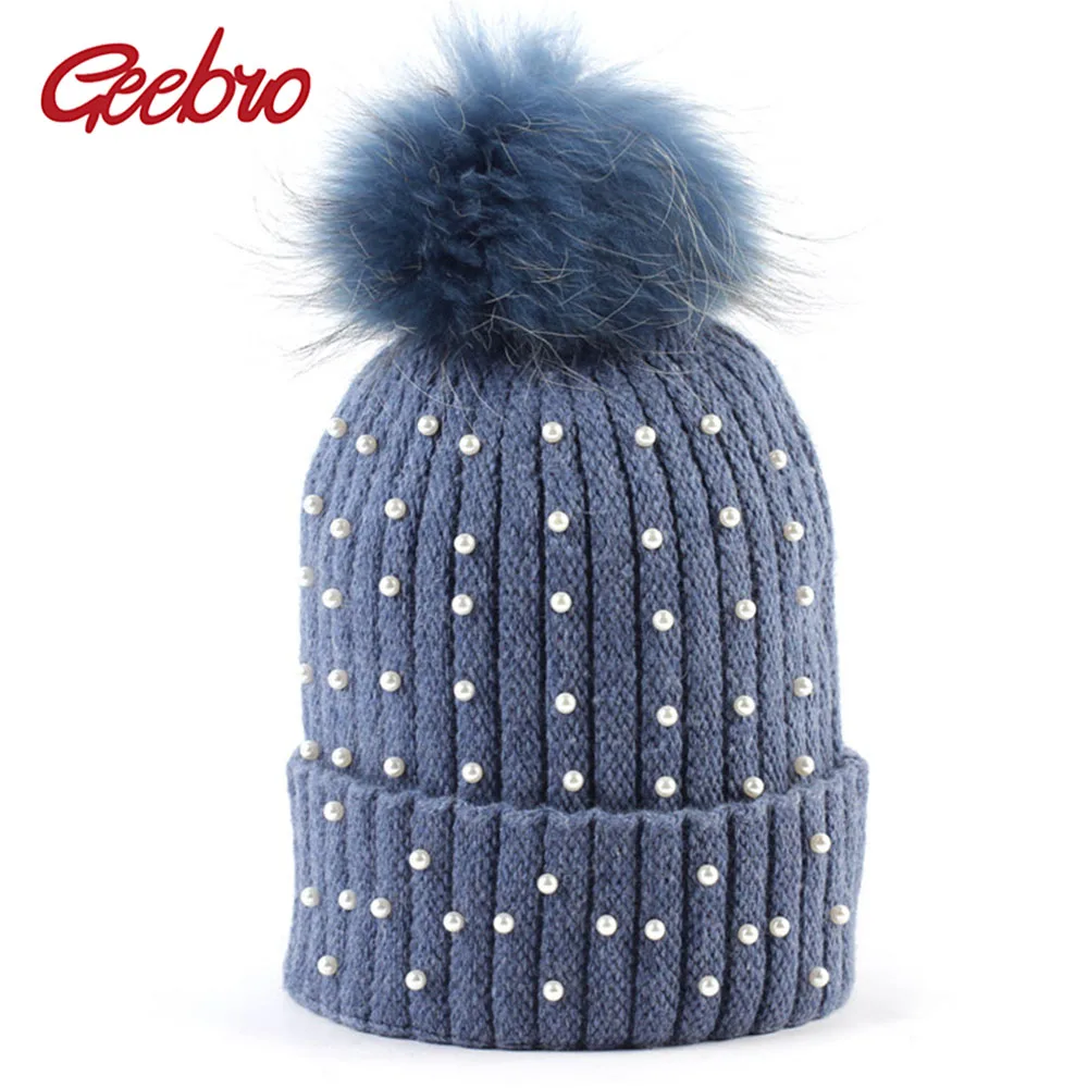 

Geebro Women's Cashmere Beanie Hat Winter Knitted Pearl Slouchy Beanie With Raccoon Fur Pompom for Women Skullies&Beanies DQ862