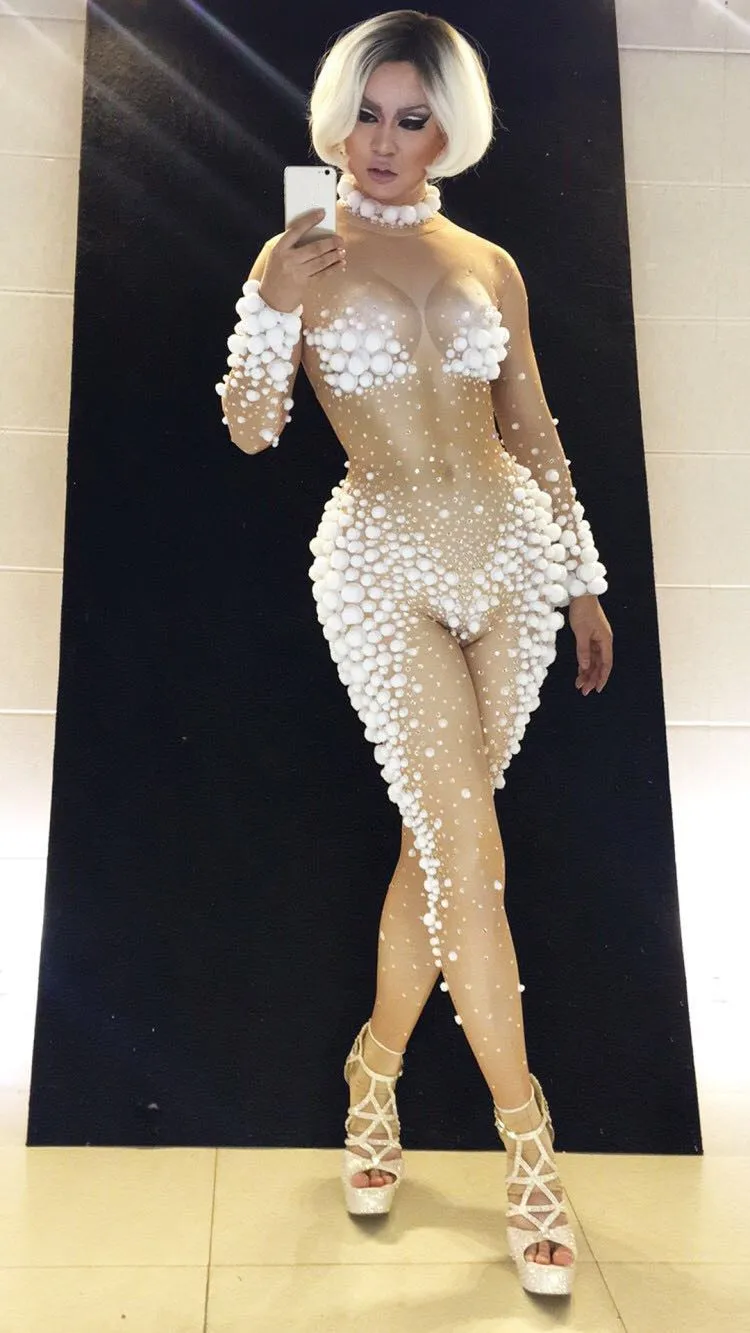 2020 Christmas New White Ball Sexy Jumpsuits Outfit Female Costumes Performance Show Leotard Dance Nightclub Stage Bar Slim Star |