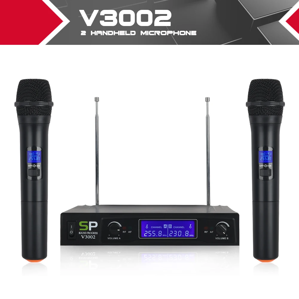 SOUNDPROGRESS V3002 VHF Wireless Microphone System with Hand-Held mic double-way channel design anti-interference
SOUNDPROGRESS V3002 VHF Wireless Microphone System with Hand-Held mic double-way channel design anti-interference