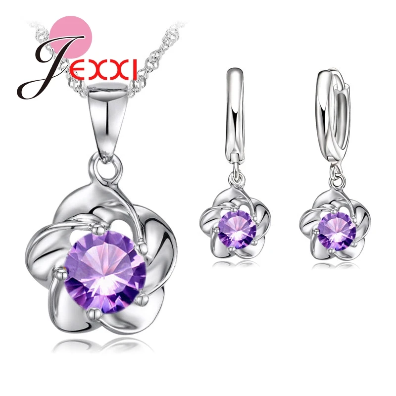 Luxury Classic 925 Sterling Silver Rose Flower Necklace Purple Cubic Zirconia Stud Earrings Bride Wedding Jewelry Sets
Luxury Classic 925 Sterling Silver Rose Flower Necklace Purple Cubic Zirconia Stud Earrings Bride Wedding Jewelry Sets