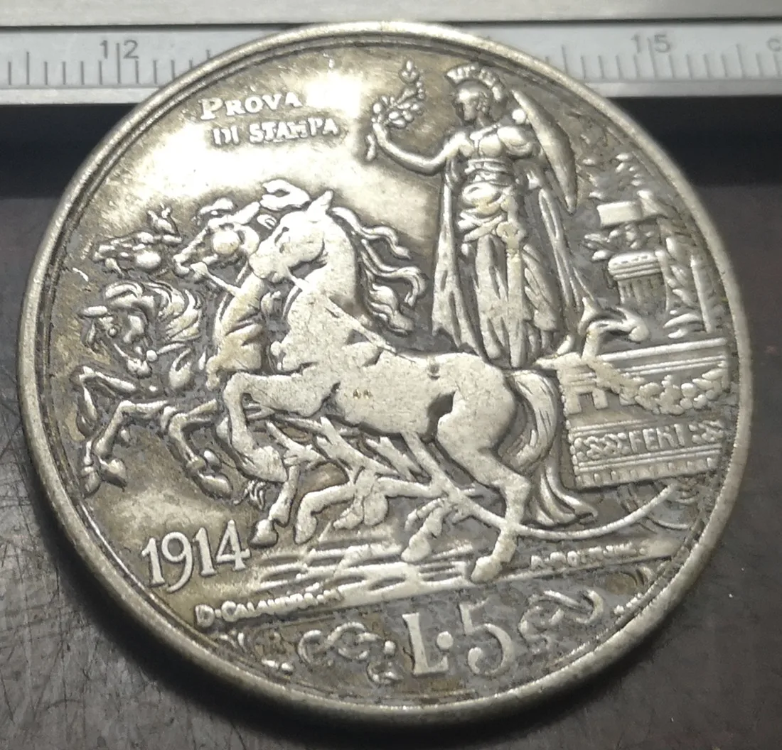 1914 Italy 5 Lire - Vittorio Emanuele III (Prova di stampa) Silver Plated Coin (Type 2)
1914 Italy 5 Lire - Vittorio Emanuele III (Prova di stampa) Silver Plated Coin (Type 2)