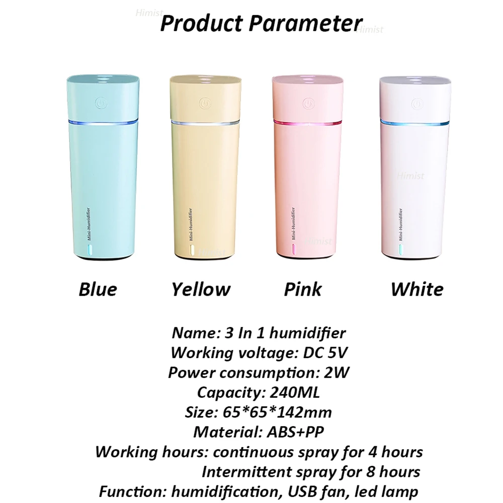 Multifunction Air Humidifier with USB Fan LED Lamp 240ML Ultrasonic Cool Mist Aroma Diffuser for Home Car Use Mini Air Purifier
Multifunction Air Humidifier with USB Fan LED Lamp 240ML Ultrasonic Cool Mist Aroma Diffuser for Home Car Use Mini Air Purifier