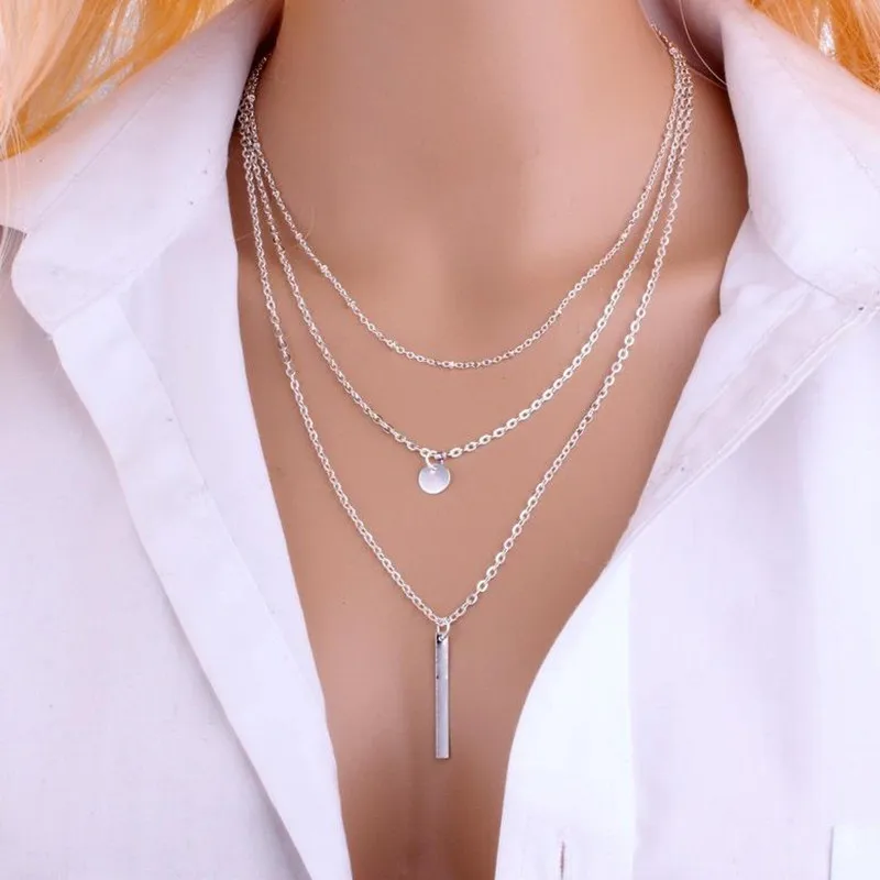 NK672 New European Simple Sequins Bar Coin Multilayer Chain Tassel Tiny Clavicle Necklaces For Women Jewelry Gift Girl Collier | Украшения