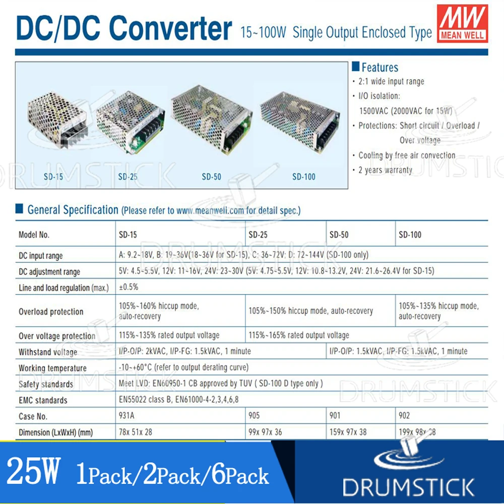 (2PACK) Taiwan Meanwell SD-25A-5 25W (9.2 ~ 18V) 12V variant 5V5A DC-DC power converter
(2PACK) Taiwan Meanwell SD-25A-5 25W (9.2 ~ 18V) 12V variant 5V5A DC-DC power converter