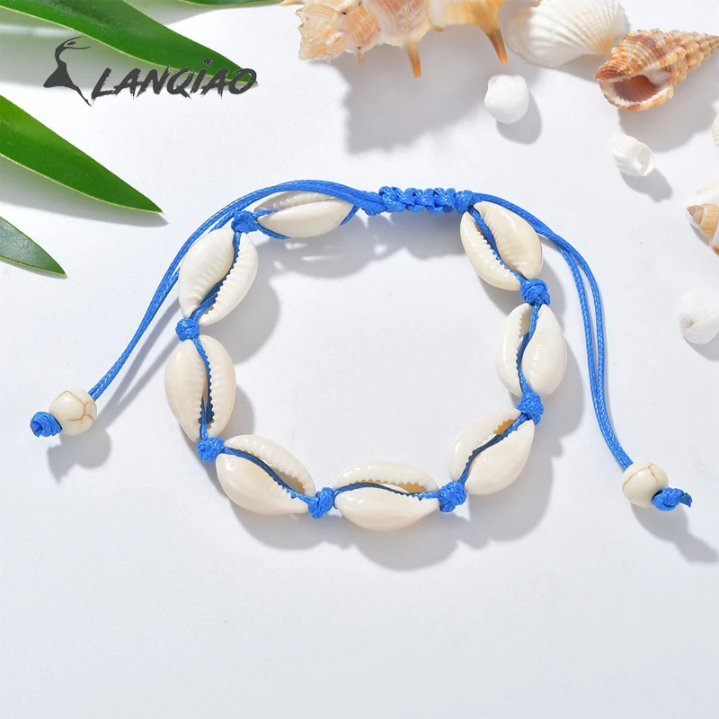 Summer Beach Natural Sea Shells Bracelet Black Red Blue Color Strap Bohemia Conch Handmade woven Chain bangle Jewelry Unisex | Украшения и