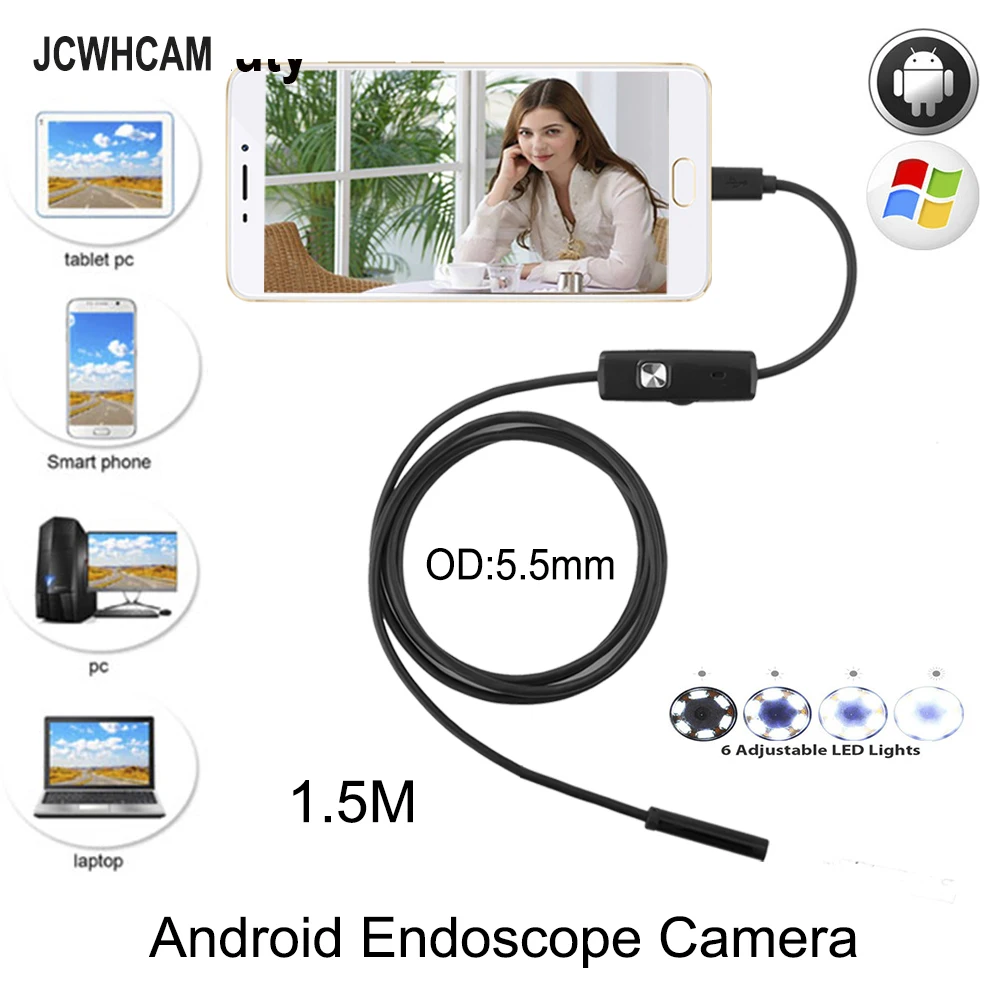 Водонепроницаемый эндоскоп JCWHCAM с кабелем 5 мм 1 м 6 светодиосветодиодный OTG USB Android