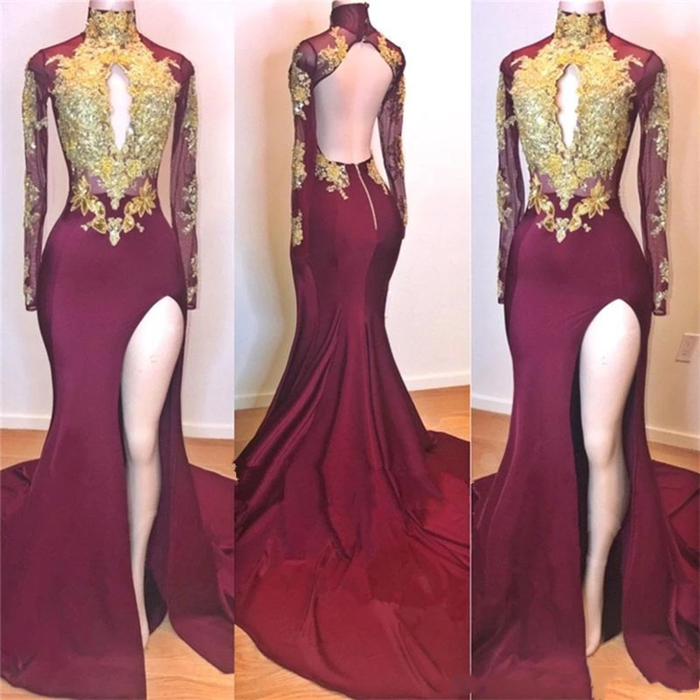 2021 High Neck Long Sleeves Mermaid Evening Dresses Gold Lace Applique Split Backless Sweep Train Prom Gowns Formal Party Dress
2021 High Neck Long Sleeves Mermaid Evening Dresses Gold Lace Applique Split Backless Sweep Train Prom Gowns Formal Party Dress