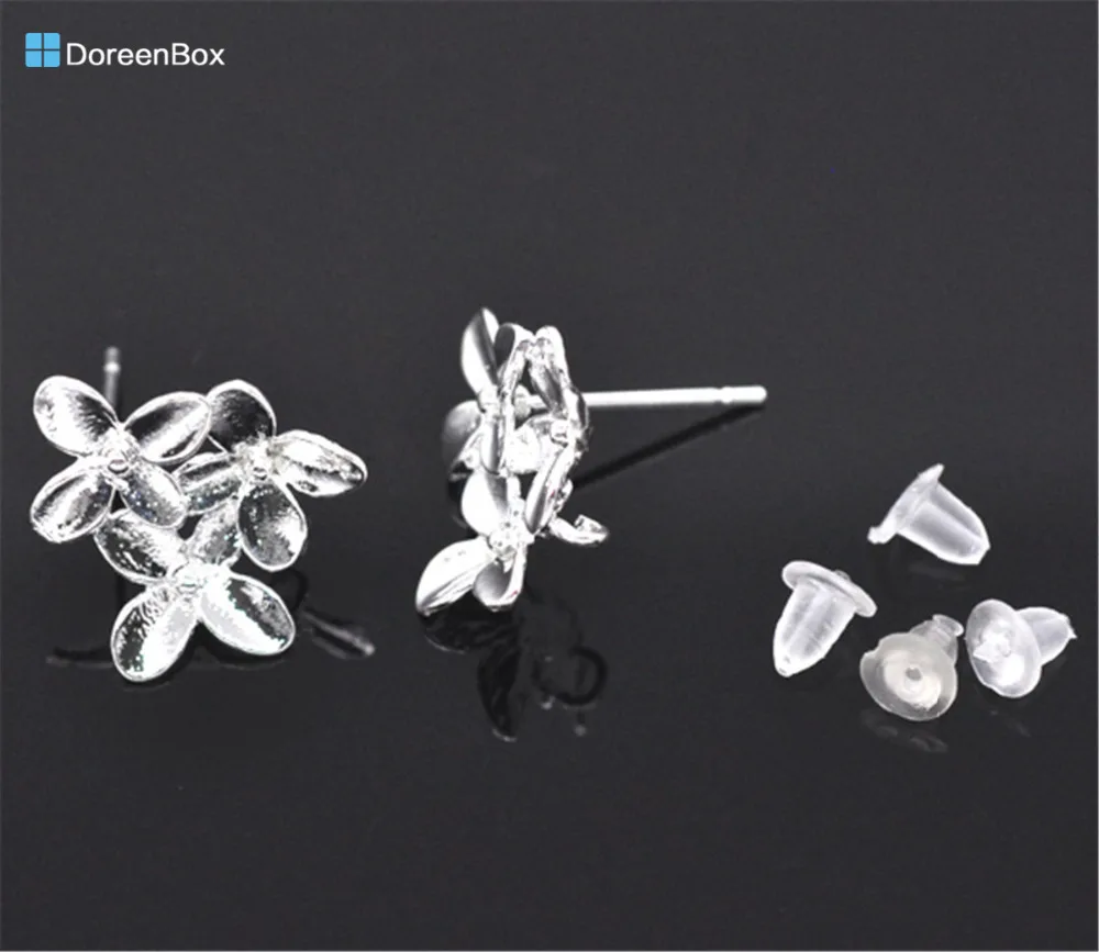 

Doreen Box hot- 5 Pairs SP Flower Earring Post W/Stoppers&Loop 15x14mm (B11411)