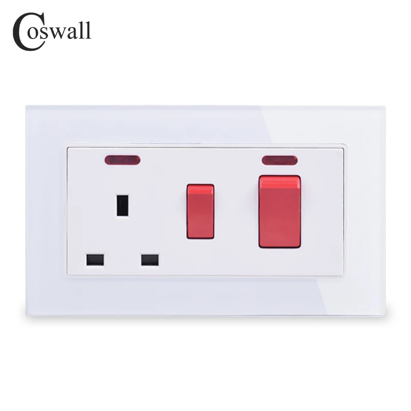 

COSWALL 45A DP Wall Cooker Switch Electric + 13A BS UK Standard Switched Socket With Neon 3x6 Size Crystal Tempered Glass Panel