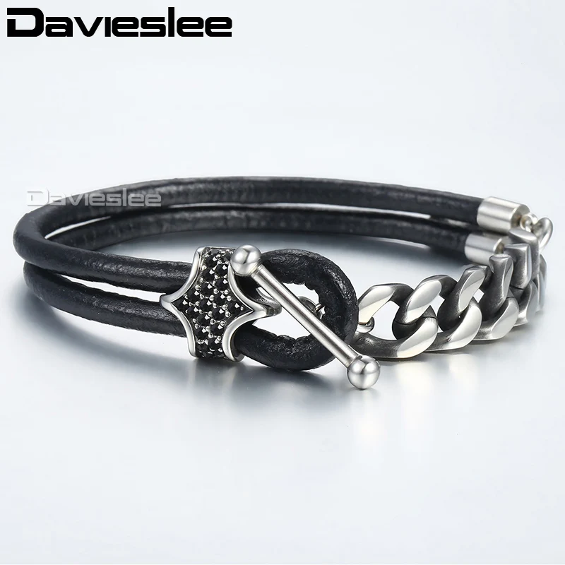 Davieslee Для мужчин s кожаный браслет черный циркония очарование Gunmetal