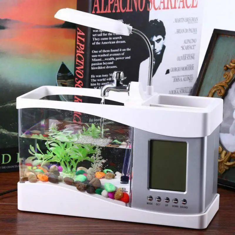 USB мини аквариумный аквариум настольный электронный аквариум украшение с водой Светодиодный насос свет календарь часы белый и черный
USB мини аквариумный аквариум настольный электронный аквариум украшение с водой Светодиодный насос свет календарь часы белый и черный