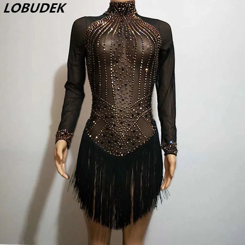 Sexy See-through Rhinestones Black Tassels Bodysuit Women Singer Host Stage Performance Outfit Nightclub Bar DJ Dance Costume
Sexy See-through Rhinestones Black Tassels Bodysuit Women Singer Host Stage Performance Outfit Nightclub Bar DJ Dance Costume