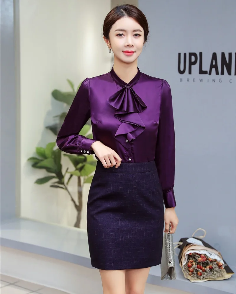 Модные женские блузки и рубашки фиолетовые офисные дамские деловые костюмы