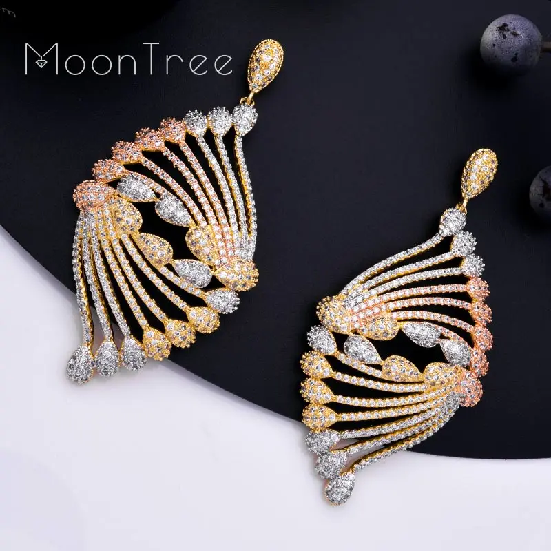 MoonTree 68mm Fashion Luxury Peacock Tail Flower Micro AAA Cubic Zirconia Copper Party Women Dubai Drop Earring Wedding Jewelry