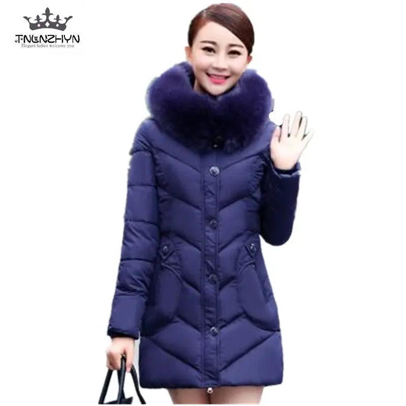 

New Middle-aged Winter Jacket Thicken Big Fur Collar Hooded Down Cotton Jacket Big Yards Women Padded Coat Slim Long Parka A2011